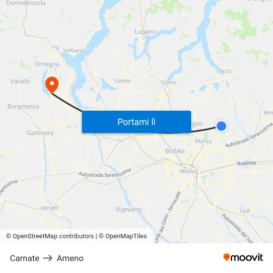 Carnate to Ameno map