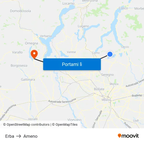 Erba to Ameno map