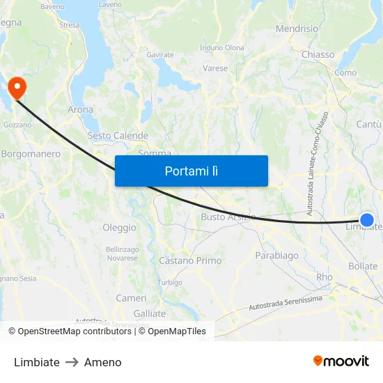 Limbiate to Ameno map