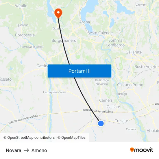 Novara to Ameno map