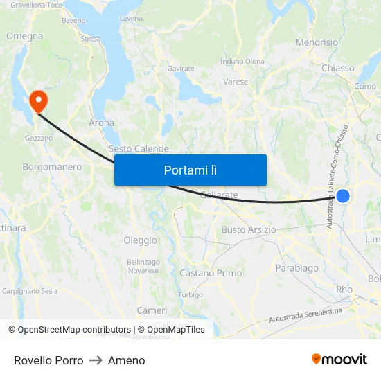 Rovello Porro to Ameno map