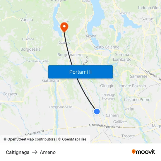 Caltignaga to Ameno map