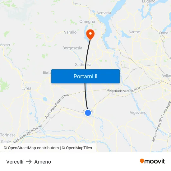 Vercelli to Ameno map