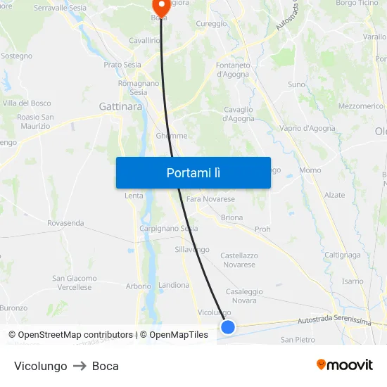 Vicolungo to Boca map