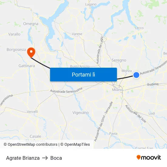 Agrate Brianza to Boca map