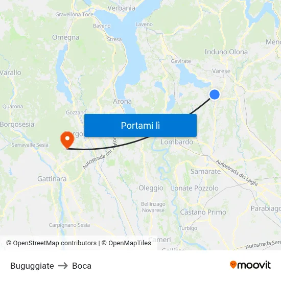 Buguggiate to Boca map