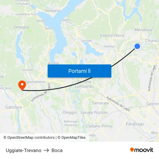 Uggiate-Trevano to Boca map