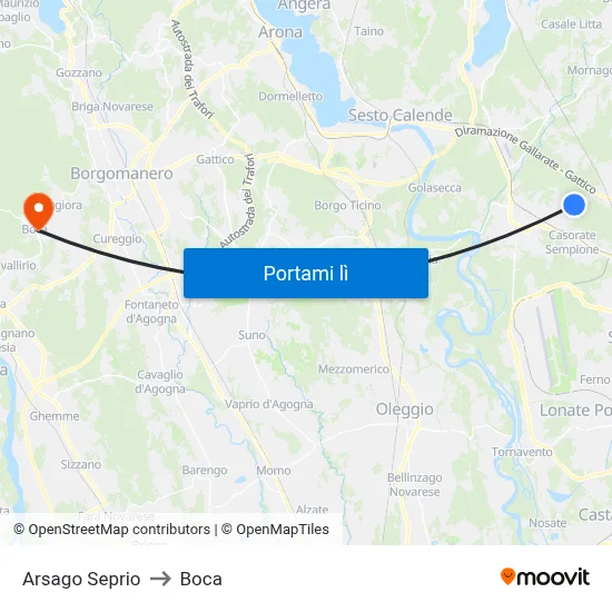 Arsago Seprio to Boca map