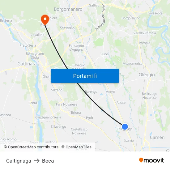Caltignaga to Boca map