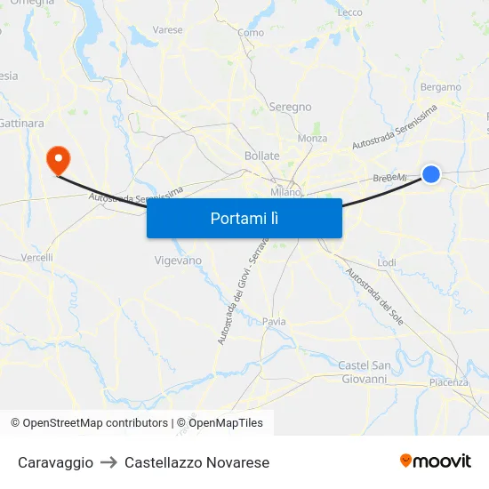 Caravaggio to Castellazzo Novarese map