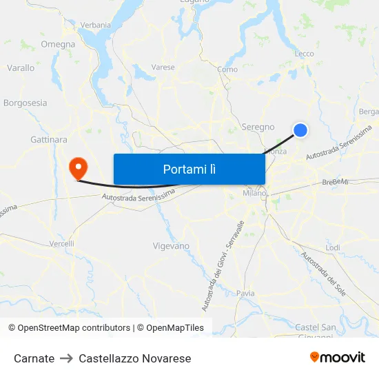 Carnate to Castellazzo Novarese map