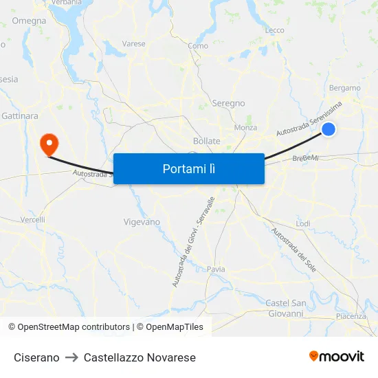 Ciserano to Castellazzo Novarese map