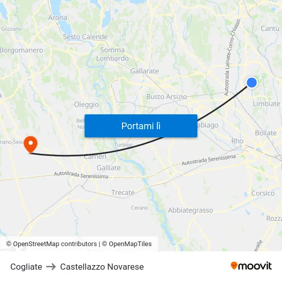 Cogliate to Castellazzo Novarese map