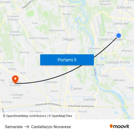 Samarate to Castellazzo Novarese map