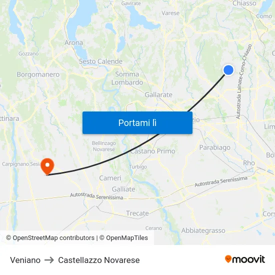 Veniano to Castellazzo Novarese map