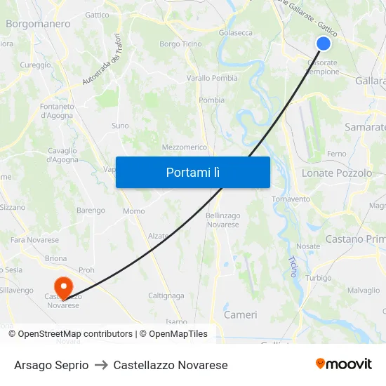 Arsago Seprio to Castellazzo Novarese map