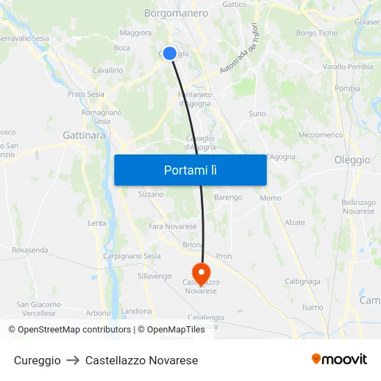 Cureggio to Castellazzo Novarese map