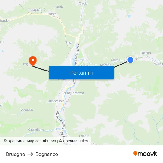 Druogno to Bognanco map