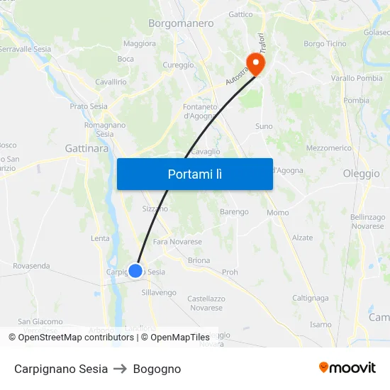 Carpignano Sesia to Bogogno map