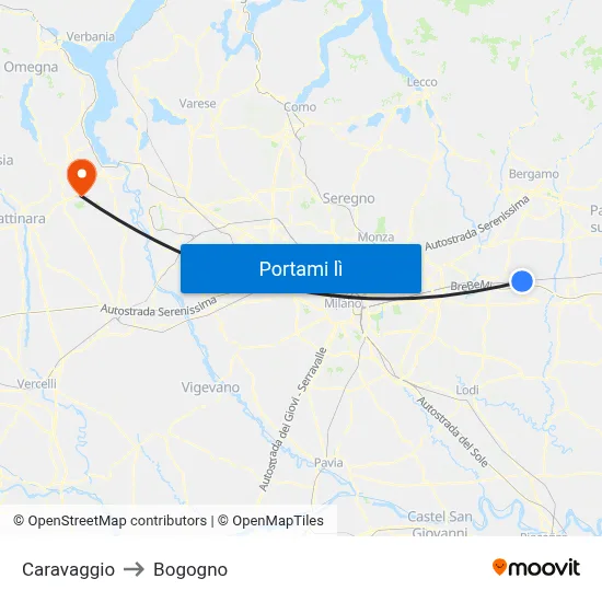 Caravaggio to Bogogno map