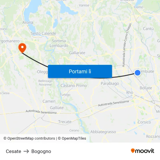 Cesate to Bogogno map