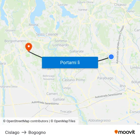 Cislago to Bogogno map