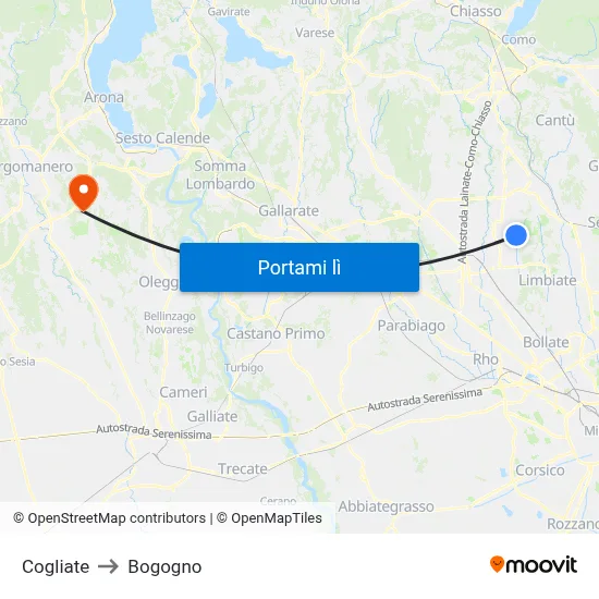 Cogliate to Bogogno map