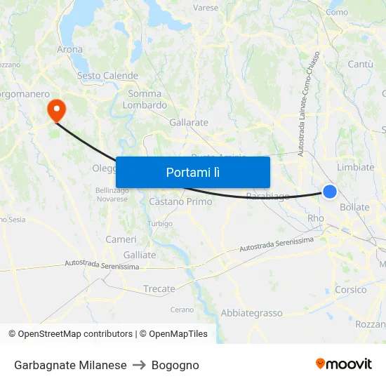 Garbagnate Milanese to Bogogno map