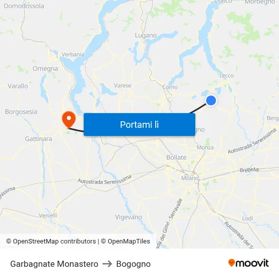 Garbagnate Monastero to Bogogno map