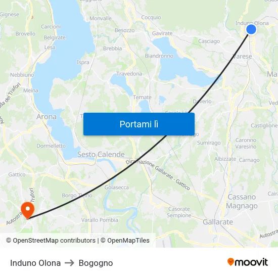 Induno Olona to Bogogno map