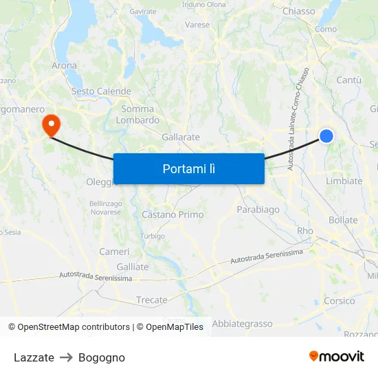 Lazzate to Bogogno map