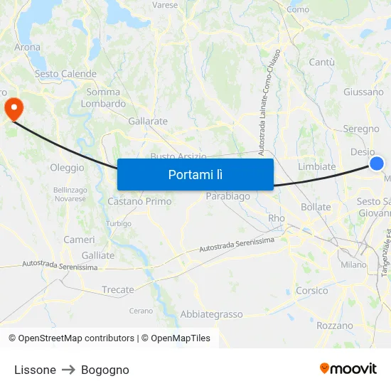Lissone to Bogogno map