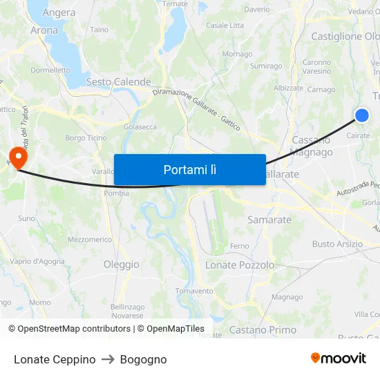 Lonate Ceppino to Bogogno map