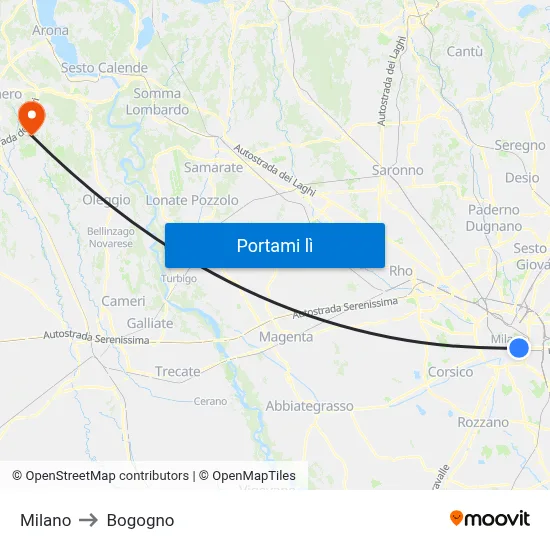 Milano to Bogogno map