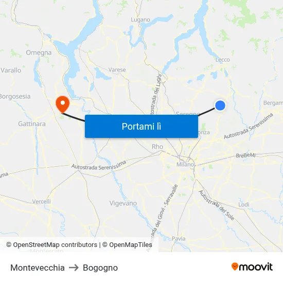 Montevecchia to Bogogno map