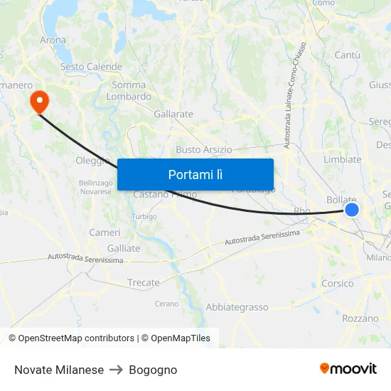 Novate Milanese to Bogogno map