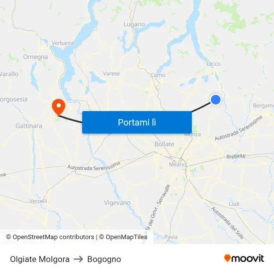 Olgiate Molgora to Bogogno map