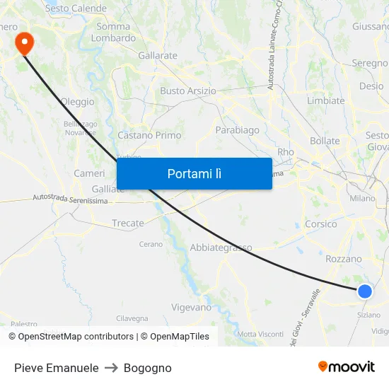 Pieve Emanuele to Bogogno map