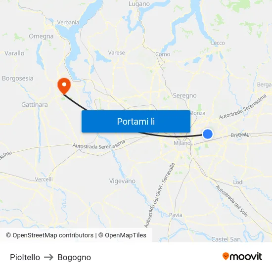 Pioltello to Bogogno map