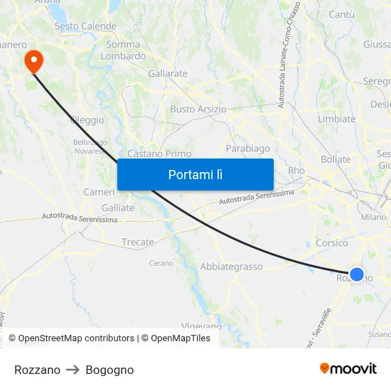 Rozzano to Bogogno map