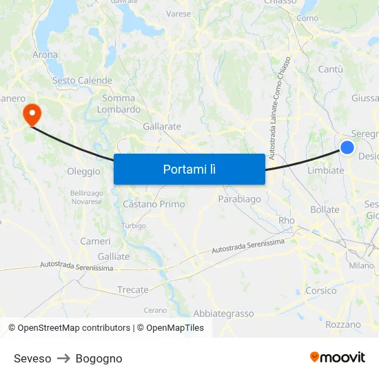 Seveso to Bogogno map