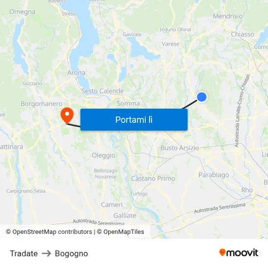 Tradate to Bogogno map