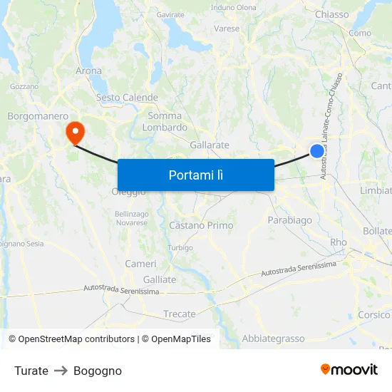 Turate to Bogogno map
