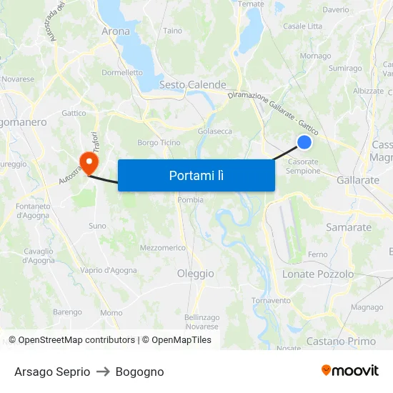 Arsago Seprio to Bogogno map