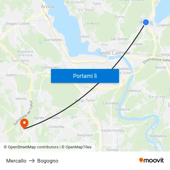 Mercallo to Bogogno map