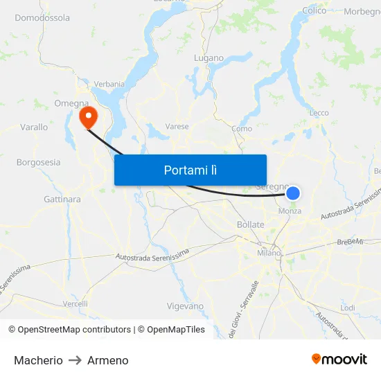 Macherio to Armeno map