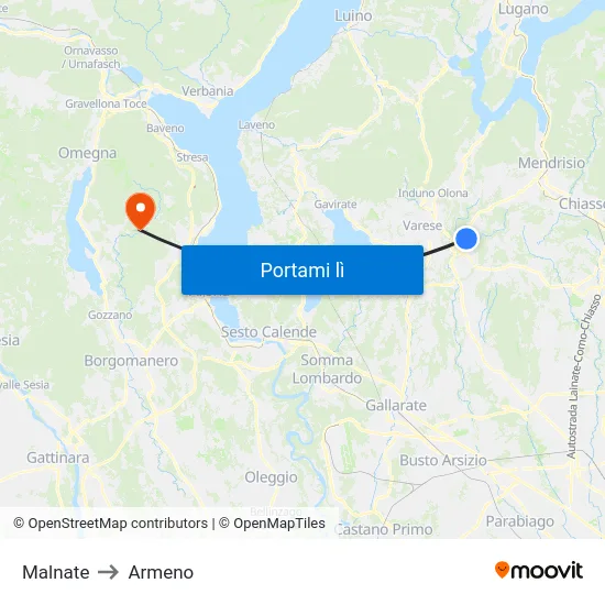 Malnate to Armeno map