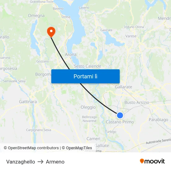 Vanzaghello to Armeno map