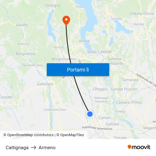 Caltignaga to Armeno map