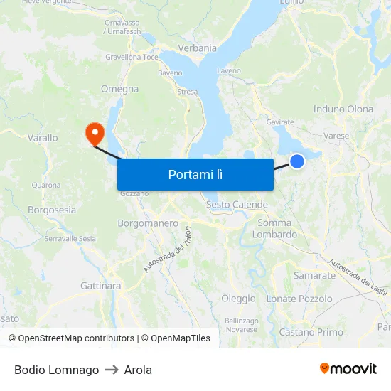 Bodio Lomnago to Arola map